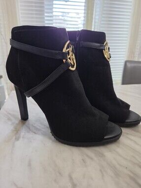 DKNY Black Suede Peep-Toe Ankle Boots